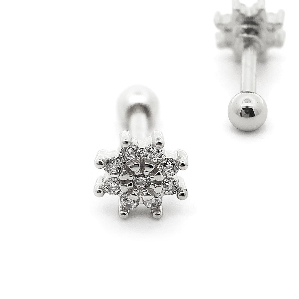 Steel barbell in flower design with crystals - CC crystal clear