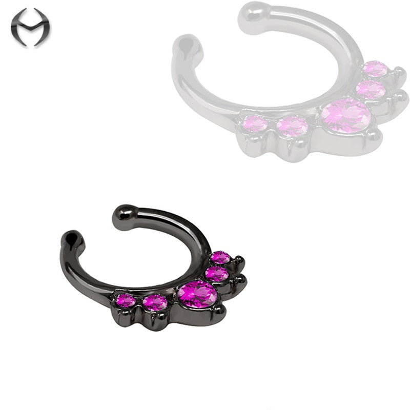 Black Fashion Clip-On Septum Ring with Crystals in FA Fuchsia