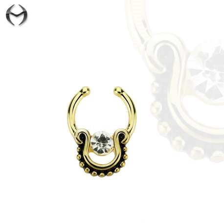 Gold Fashion Clip-On Septum Ring mit Kristall in Crystal Clear