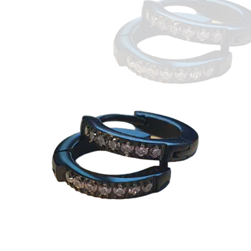 Black S. Steel hoop earrings with set crystals - 13mm x 2mm/ CC crystal clear