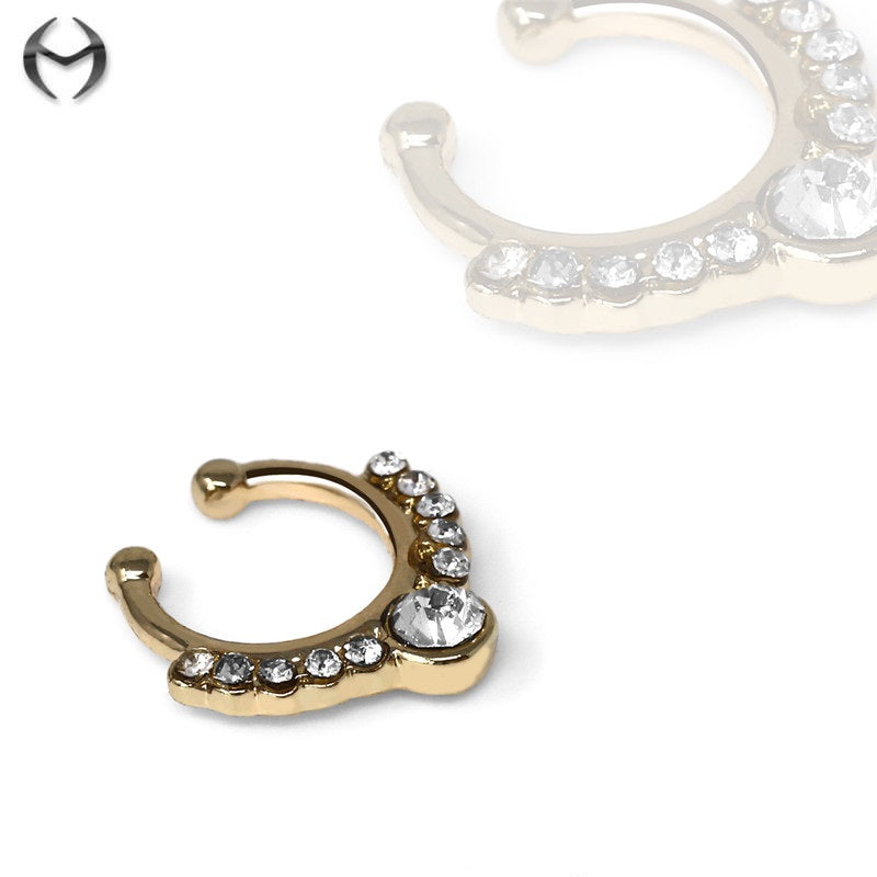 Gold Fashion Clip-On Septum Ring with Crystal Clear Crystals